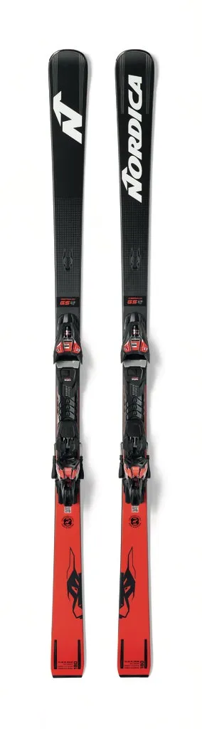 Schwarzer Nordica Dobermann SLR RB Ski mit roter Unterseite und montierter Bindung, Frontansicht.