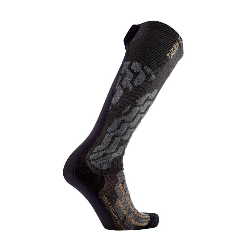 Une seule chaussette de ski Powersocks Heat Fusion Women noire, avec motif, de profil.
