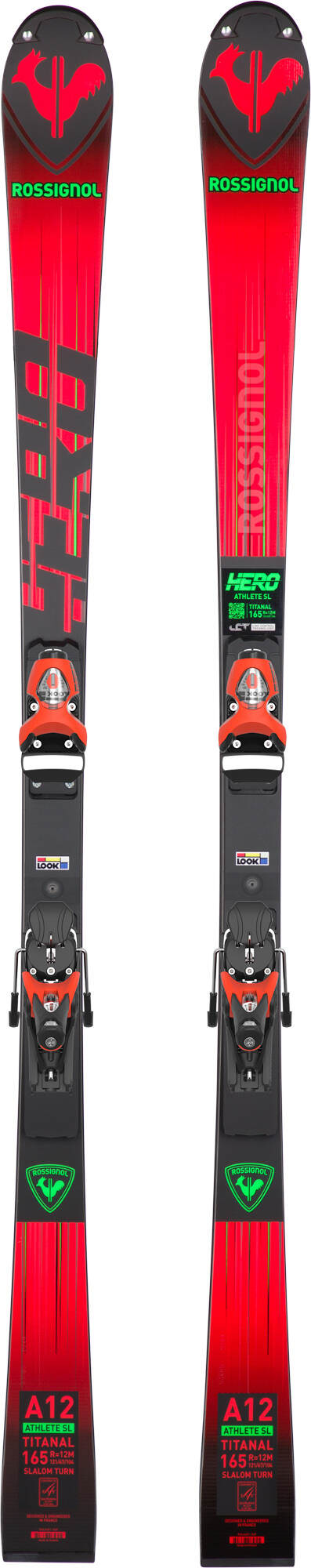 Rote Rossignol Hero FIS SL Alpin Ski mit Bindung von vorne.