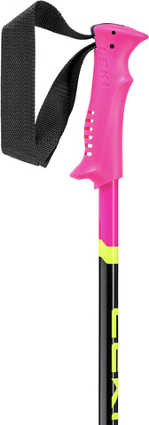 Detailansicht eines Leki Racing Kids Skistock mit pinkem Griff und schwarzer Schlaufe.