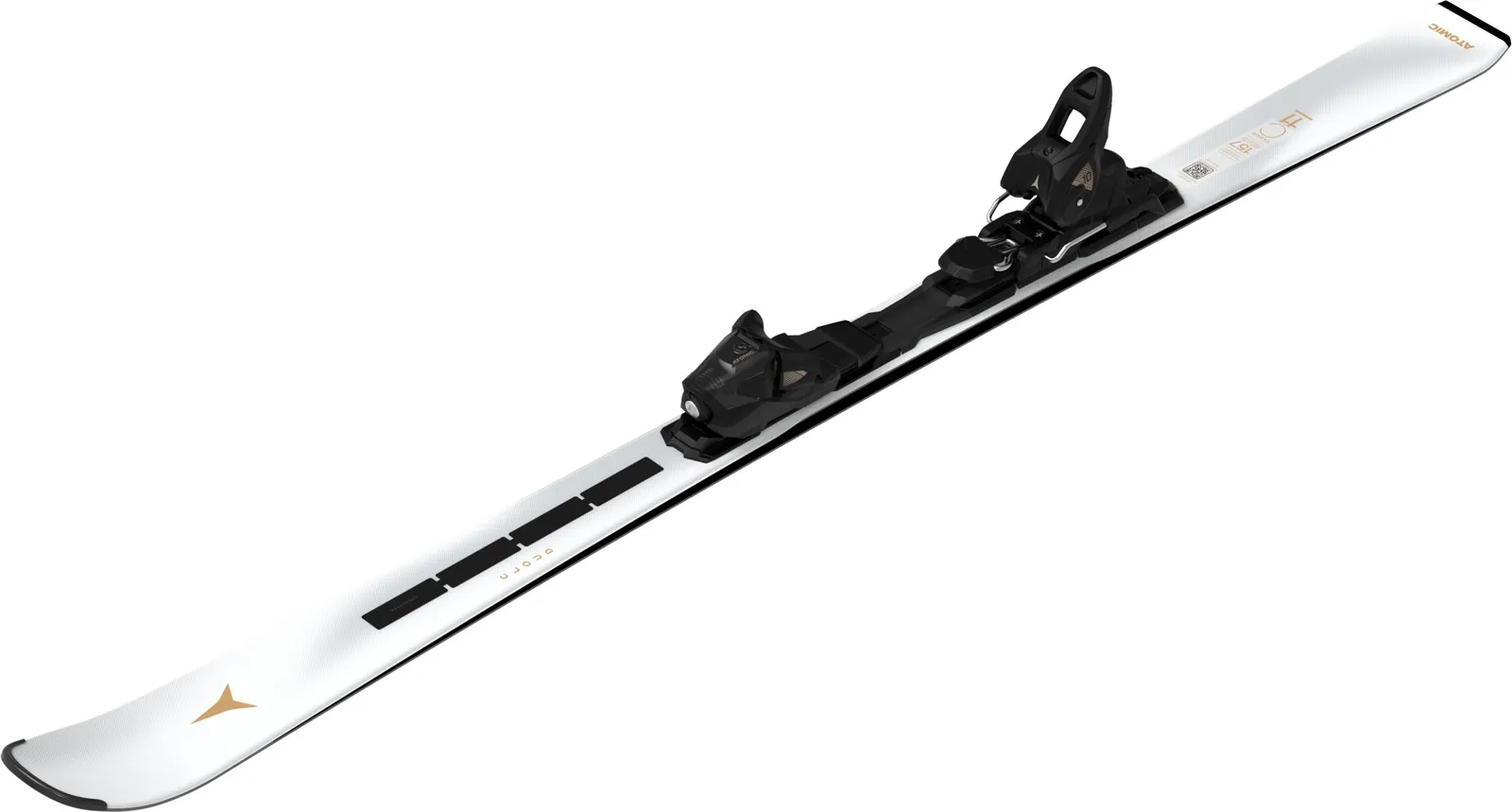 Top view of a white Atomic ski with black binding, aligned diagonally from bottom left to top right.