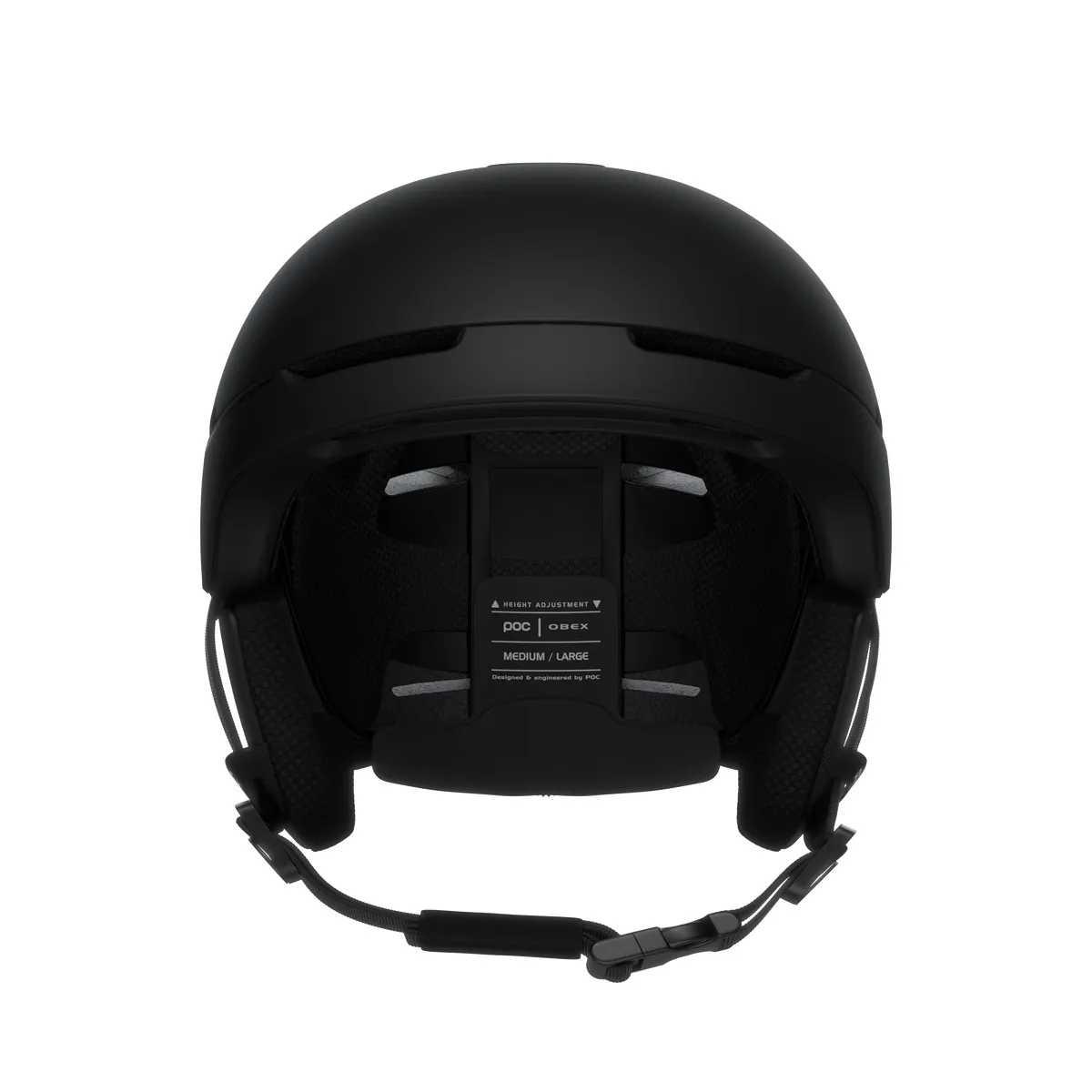 Vue de face : casque de ski POC Obex BC Mips noir avec sangle, coussinets d'oreille et indication de la taille.