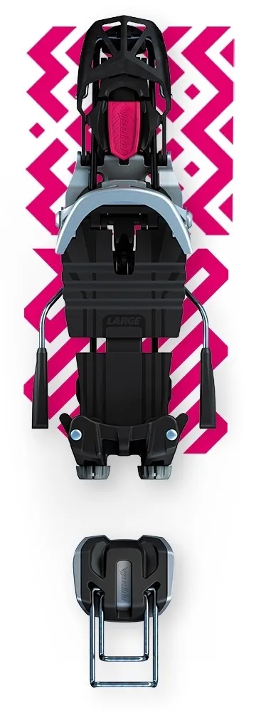 NTN Freedom Long 95MM Skibrake Bindung in Schwarz und Silber mit pinkfarbenem Muster im Hintergrund.