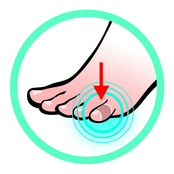 Illustrazione del piede in cerchio con focus sulla punta, la freccia rossa indica il punto di pressione.