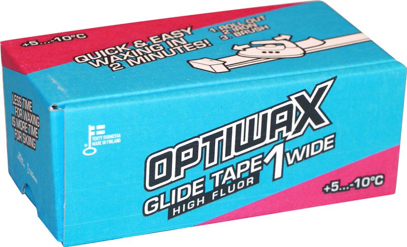 Verpackung von Optiwax Glide Tape 1 Wide mit Temperaturangabe und Anwendungshinweisen.