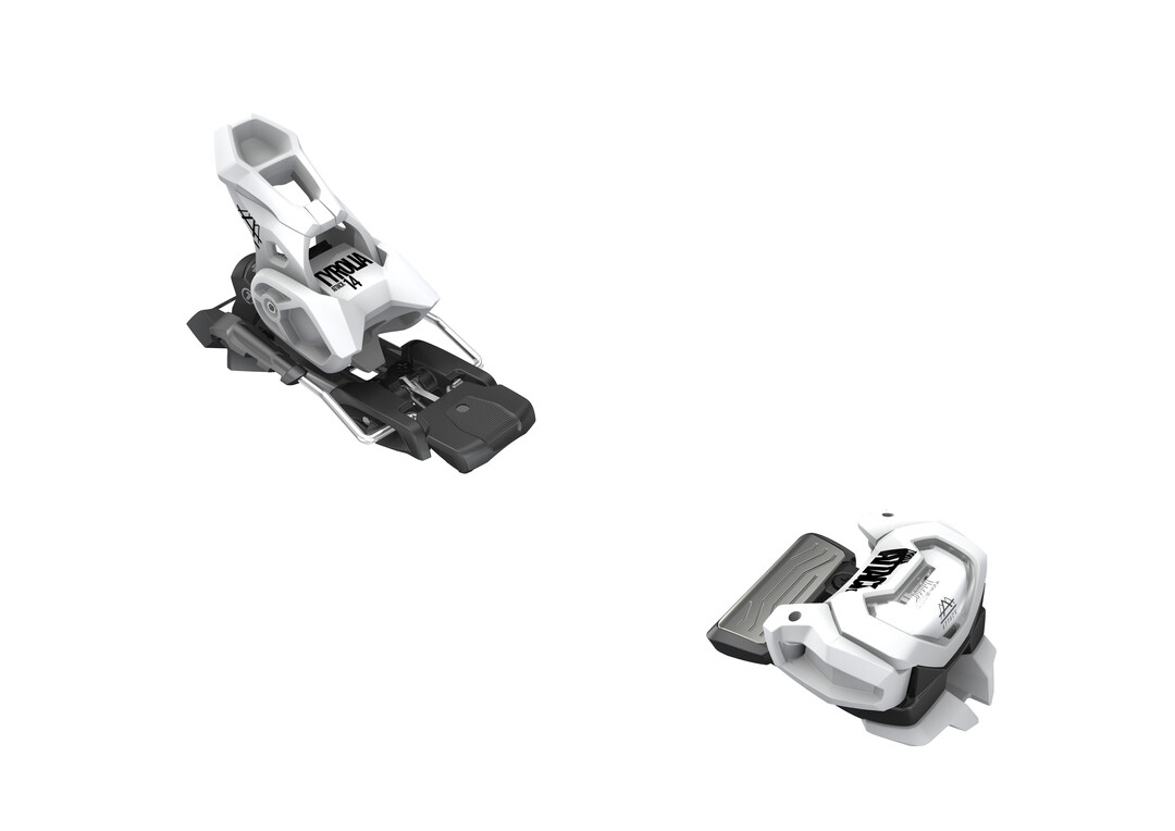 Weiße Ski-Bindung ATTACK² 14 GW, seitliche Ansicht mit Vorder- und Hinterbacken, GripWalk-kompatibel.