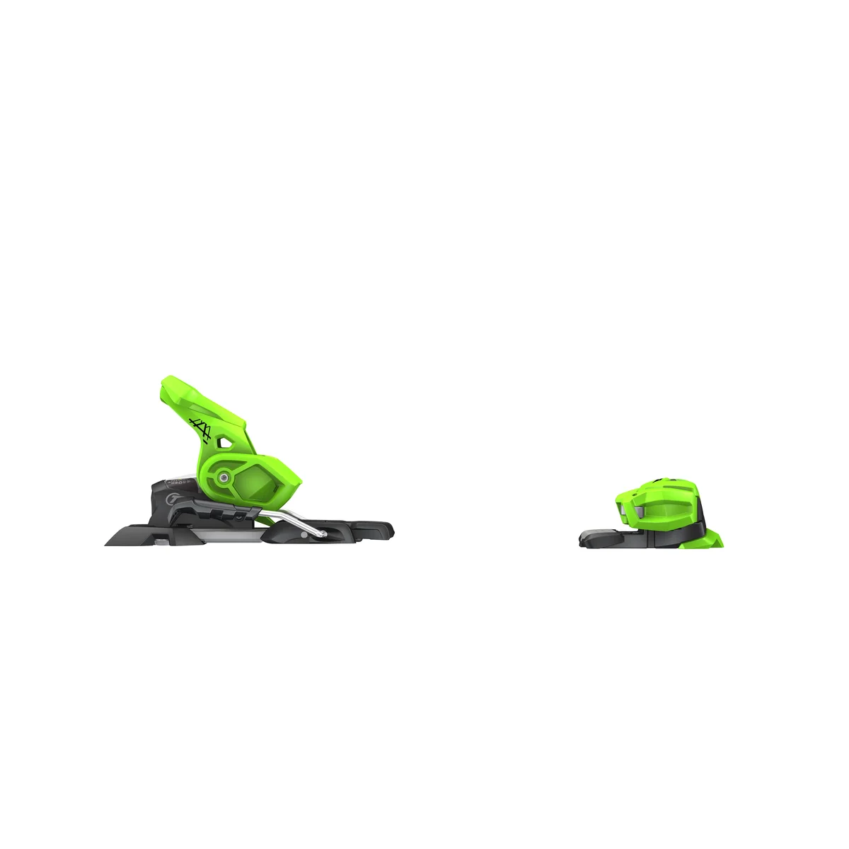 Grüne Head ATTACK² 14 GW Ski-Bindung, Front- und Fersenteil, isoliert auf Weiß, GripWalk-kompatibel.