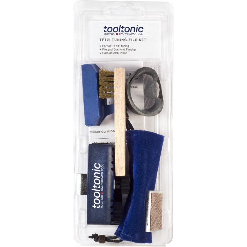 Tooltonic TF RACE Kantenschleifer Set in transparenter Verpackung mit Feile, Bürste und Zubehör für Ski/Snowboard Kanten.