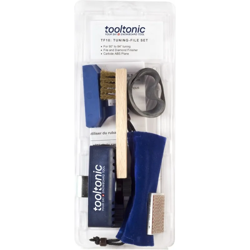Tooltonic TF RACE Kantenschleifer Set in transparenter Verpackung mit Feile, Bürste und Zubehör für Ski/Snowboard Kanten.