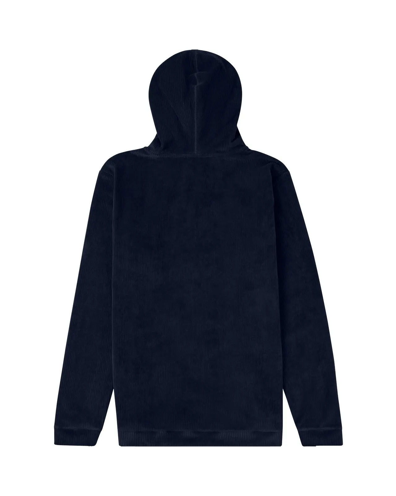 A navy blue corduroy back hooded jacket with a hood and long sleeves, insulated on white.