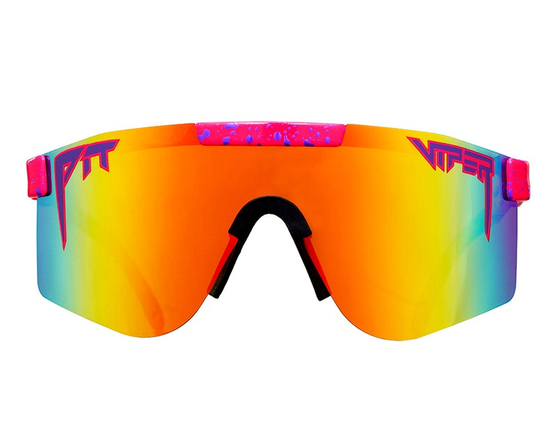 Frontansicht der Polarized Double Wide Sonnenbrille mit orangen Gläsern und pinkfarbenem Rahmen.