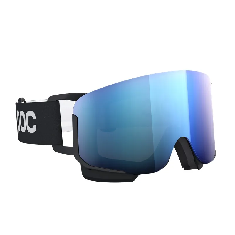 Ski goggles with black frame and blue mirrored lens, the strap is black with white POC letters.