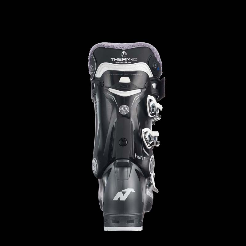 Schwarzer Speedmachine Heat 85 W Skischuh von hinten, Therm-ic Logo oben, silberne Schnallen und Nordica Logo unten.