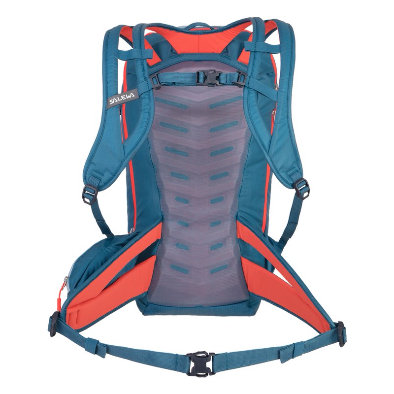 Vue arrière du sac à dos Salewa Randonnee 30W en Blue Sapphire avec des accents rouges et des détails du système de portage.
