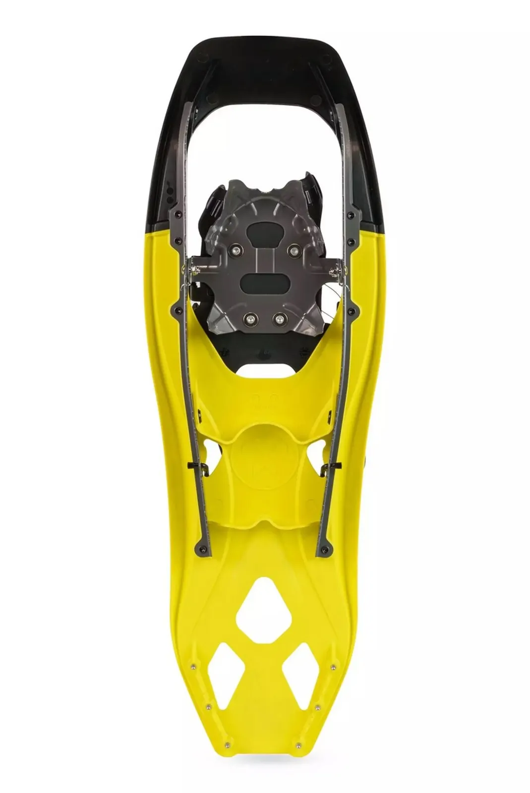 Yellow Tubbs Flex VRT 25 snowshoe from above, with black binding and frame.