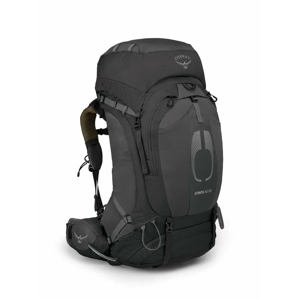 Dark gray Osprey Atmos AG 65 trekking backpack against a white background, viewed diagonally from the front. Large main compartment, lid pocket, compression straps, mesh shoulder straps, and side mesh pocket; Osprey logo.