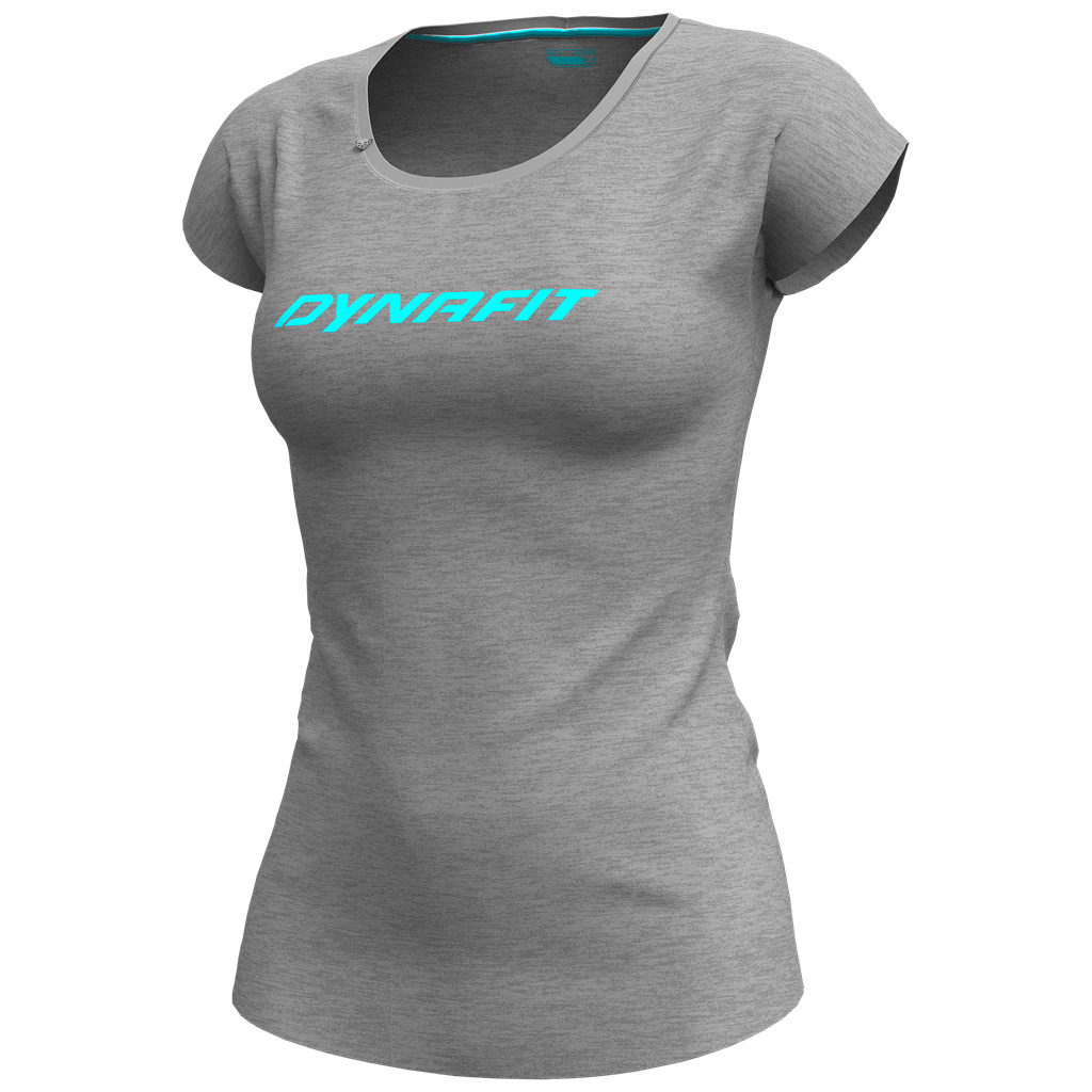 Graues Dynafit 24/7 Drirelease Tee für Damen, mit blauem Logo auf der Brust.