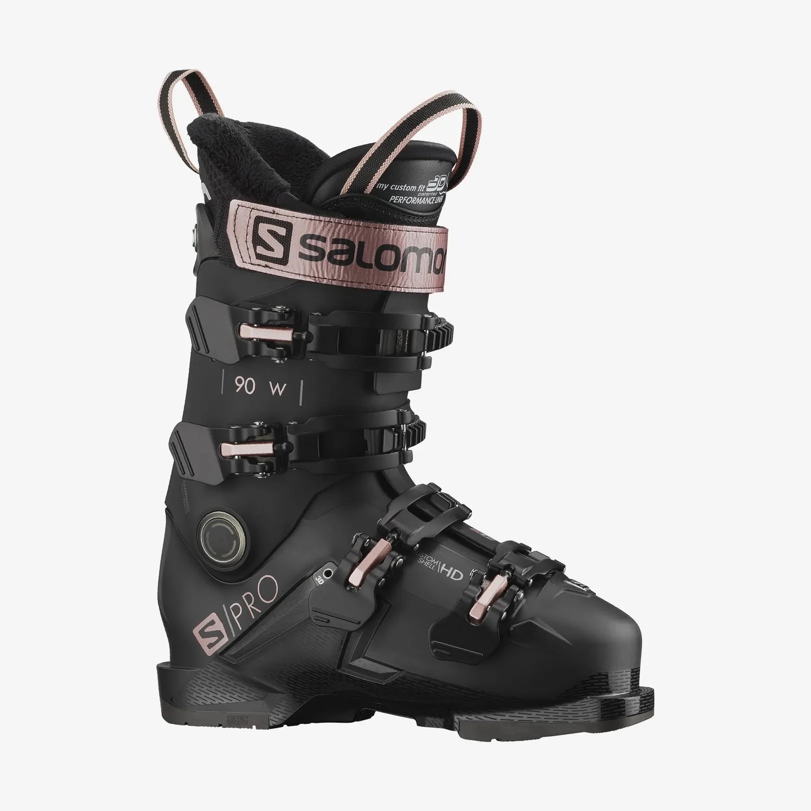 Schwarzer Salomon Skischuh Schwarzer Salomon S/PRO MV 90W Skischuh, seitliche Ansicht, mit Schnallen und Logo in Roségold.