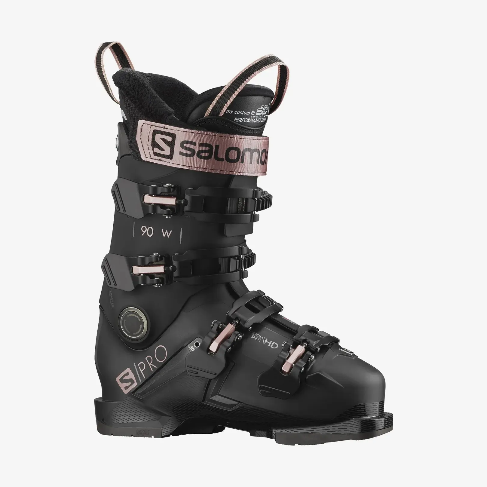 Schwarzer Salomon S/PRO MV 90W Skischuh, seitliche Ansicht, mit Schnallen und Logo in Roségold.