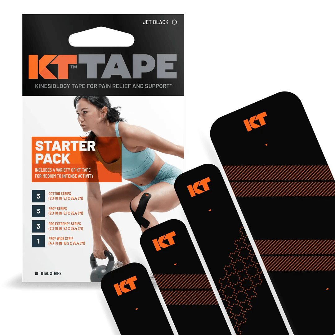 KT Tape Starter Pack: Verpackung mit Produktinformationen und vier Kinesiotape Streifen in Schwarz/Orange.