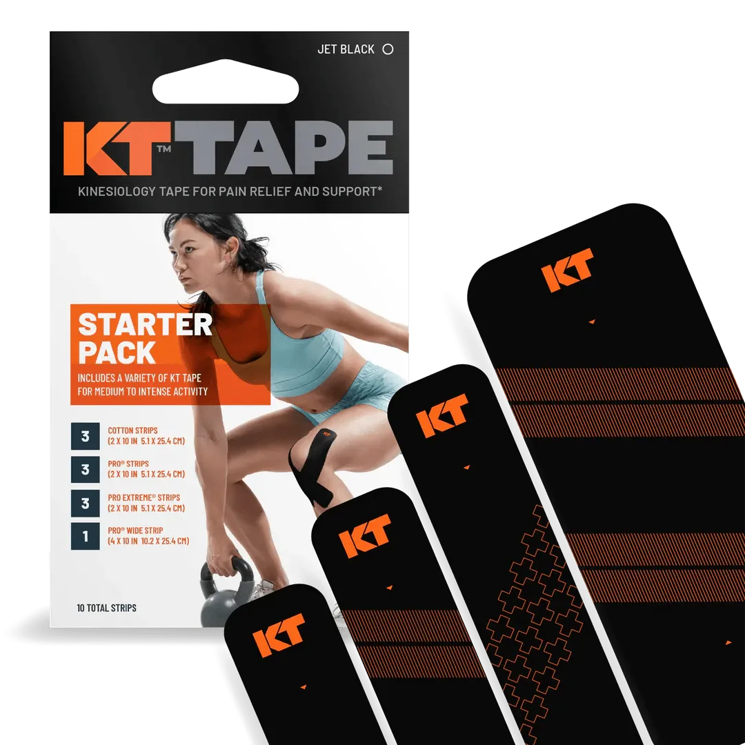 KT Tape Starter Pack: Packaging with product information and four Kinesiotape strips in black/orange.