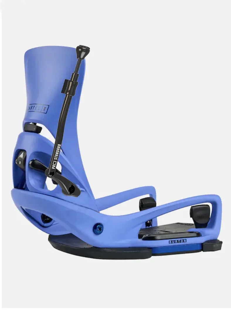 Single snowboard binding in light lavender blue, slightly tilted left, on a light gray background. Features a high-rise highback, black buckles, and adjustment mechanism. Burton logo on baseplate; lever labeled “Pro Standard.”