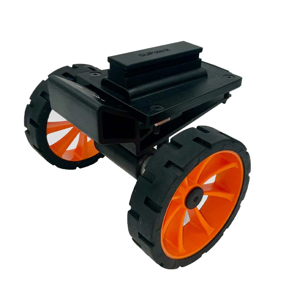 SUPmover Räder Orange: Schwarzes Gestell mit zwei orangefarbenen Rädern, für den Transport von Sportgeräten.