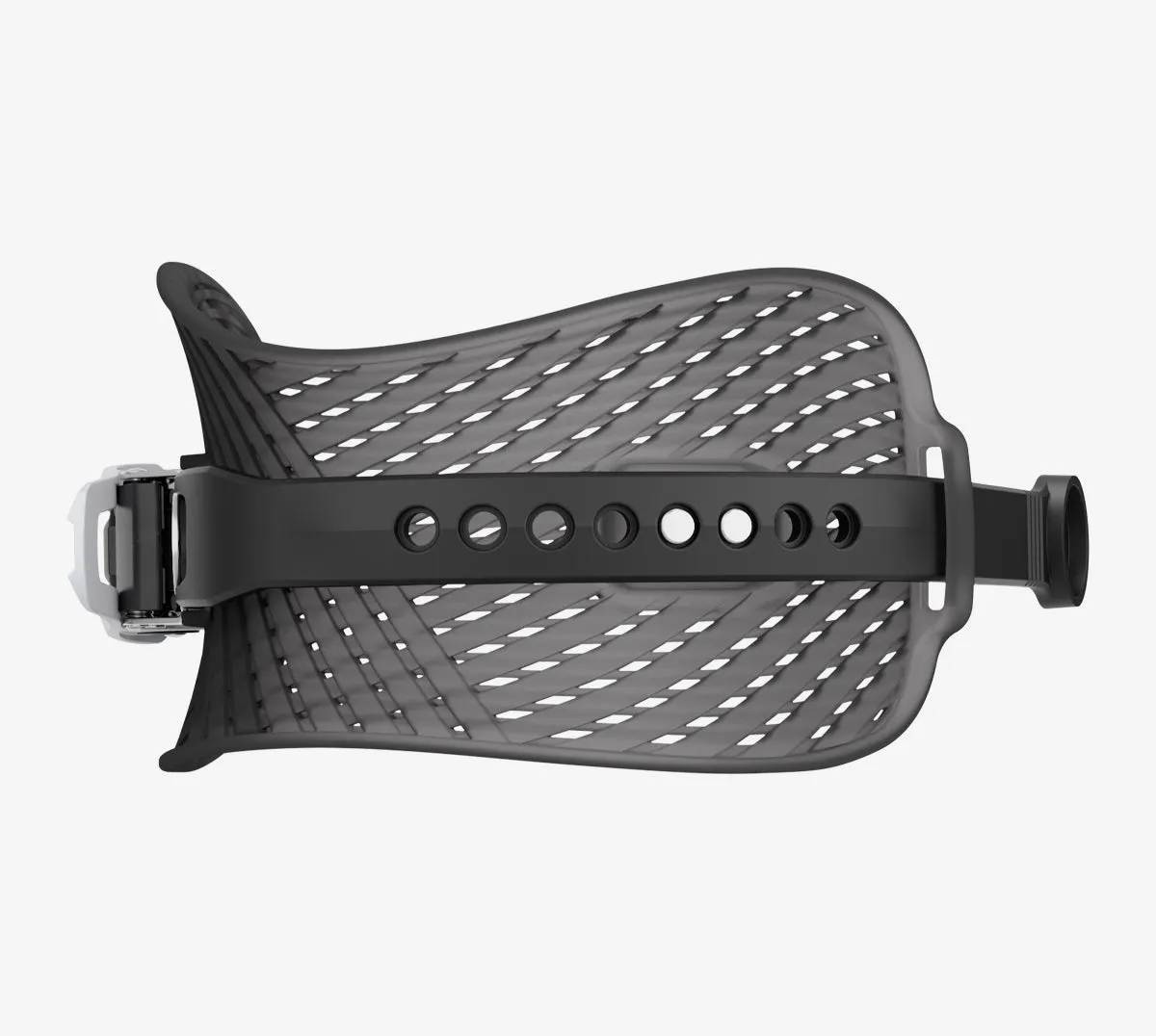 Union Atlas Pro Black ankle strap detail, transparent pattern and black buckle on white background.