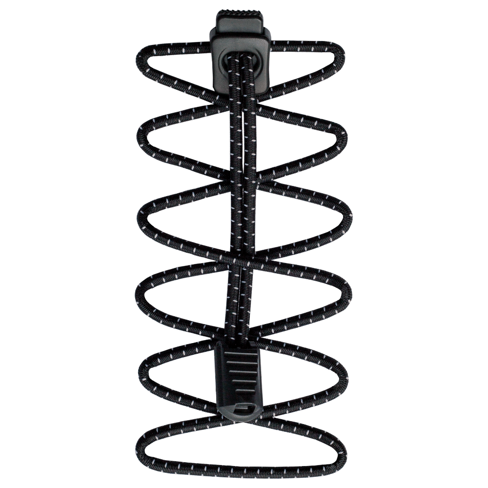 Run Laces à points Run Laces élastiques noirs avec des points blancs, disposés de manière ondulée, avec des fermetures noires.