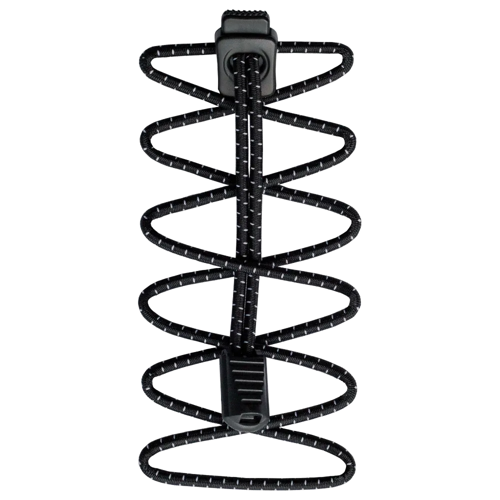 Schwarze, elastische Run Laces mit weißen Punkten, gewellt angeordnet, mit schwarzen Verschlüssen.