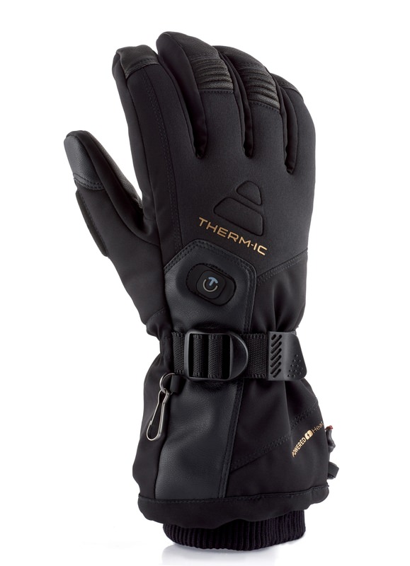 Gant noir Therm-ic Heat Ultra Glove Men vu de côté, avec logo visible, bouton et bande de fermeture.