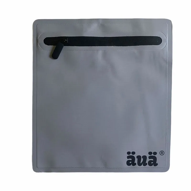 Grey mini bag with black zipper at the top and the logo at the bottom right.