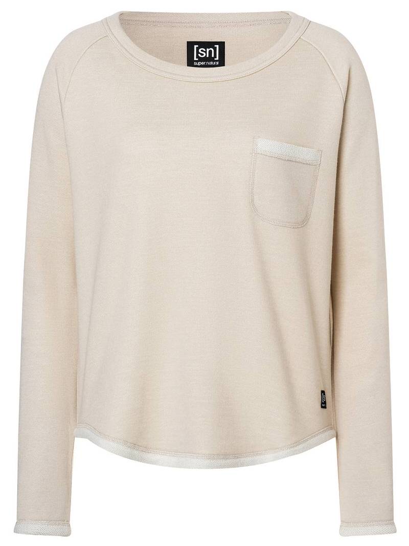 Beige Super.Natural Knit Crew: Langärmliger Damenpullover mit Rundhalsausschnitt und Brusttasche.