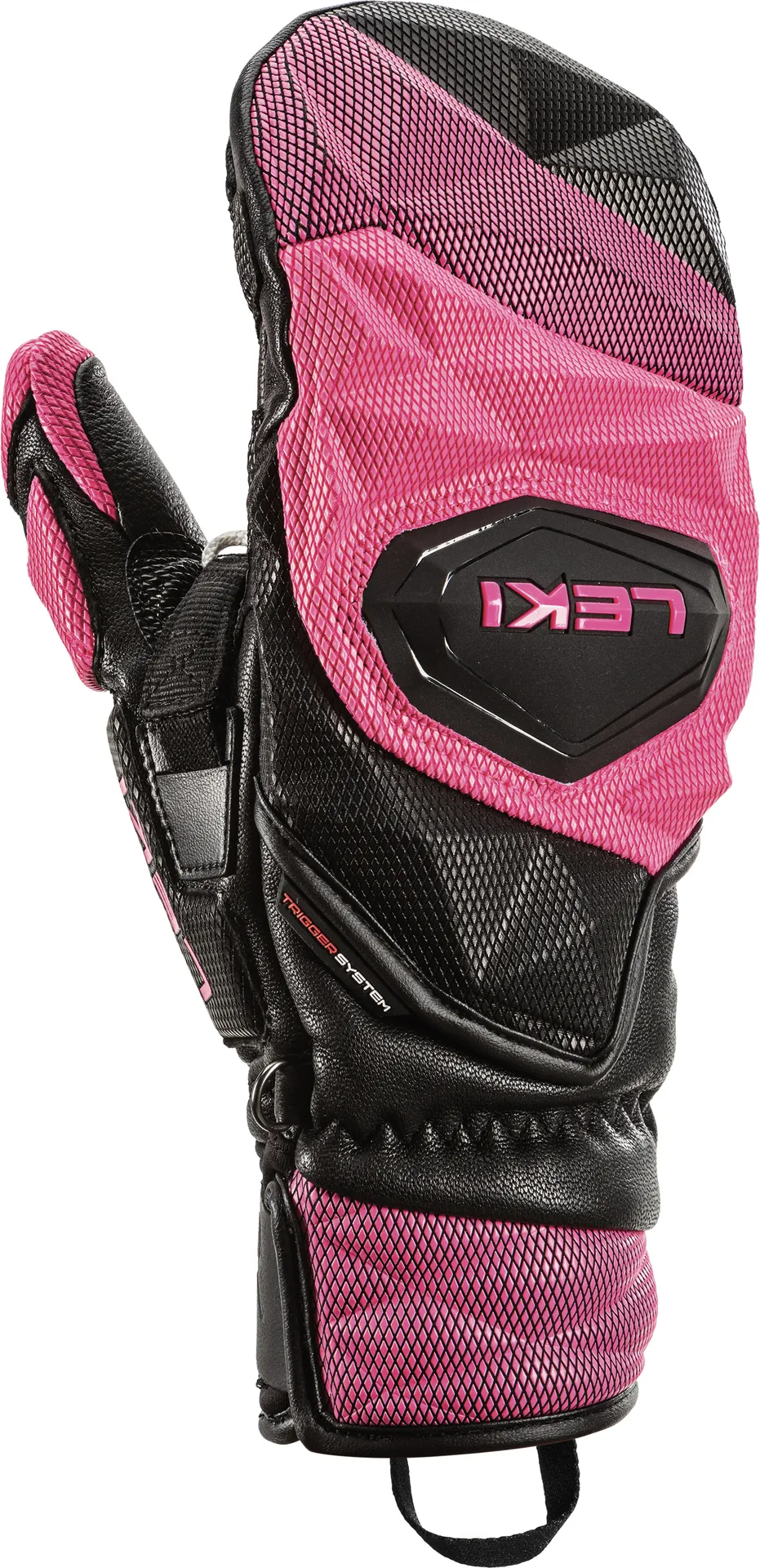 Close-up of a Leki WCR Venom SL 3D Mitt in pink and black. The Leki logo is visible.