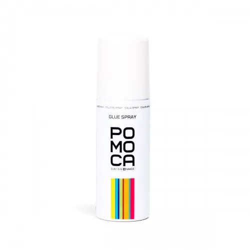 Weisse Sprühdose "Glue Spray" mit farbigen Streifen und "POMOCA" Schriftzug.