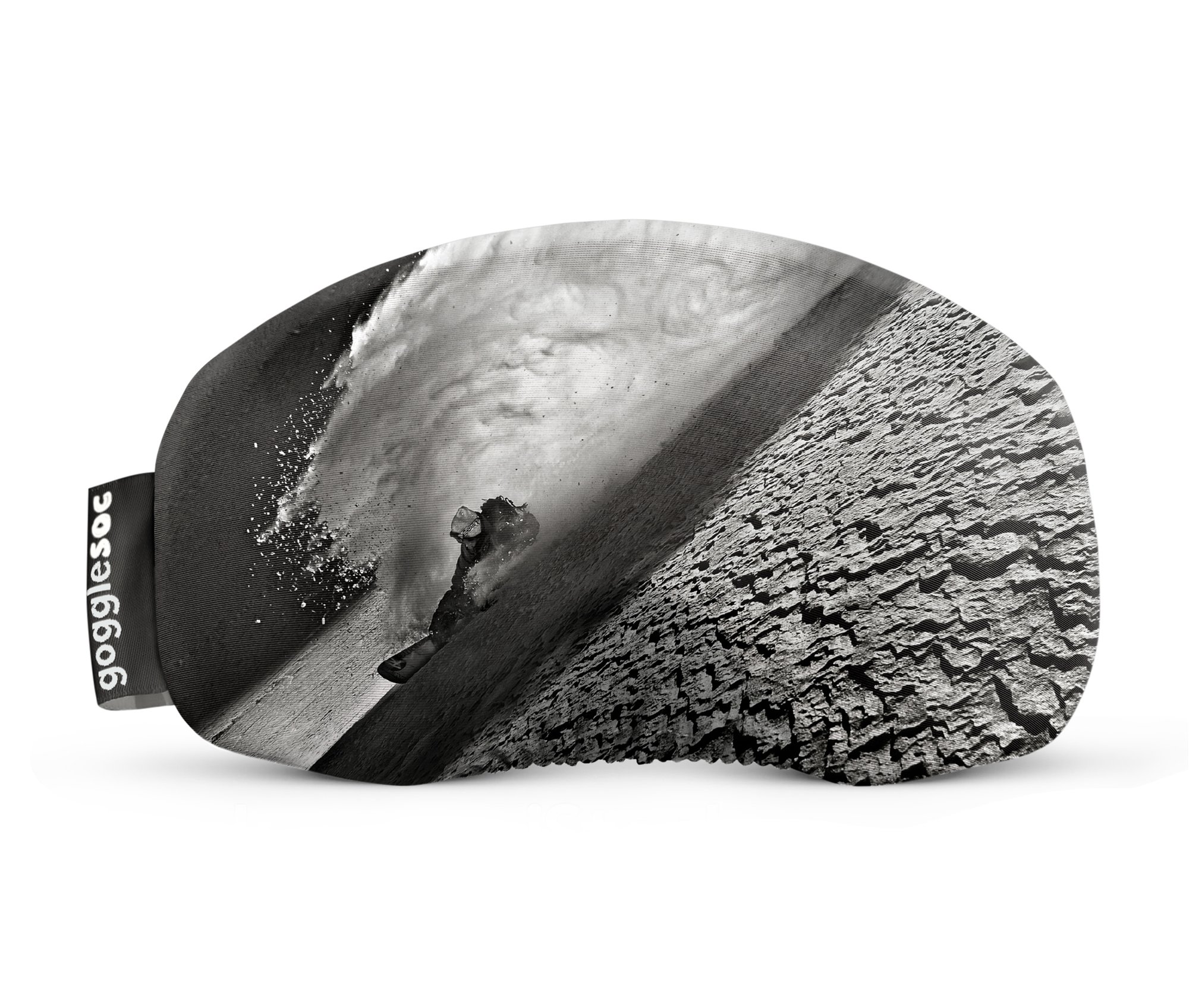 Schwarz-weiße "Moon Dust Soc" Schutzbrille zeigt Skifahrer in steilem Gelände mit aufgewirbeltem Schnee.