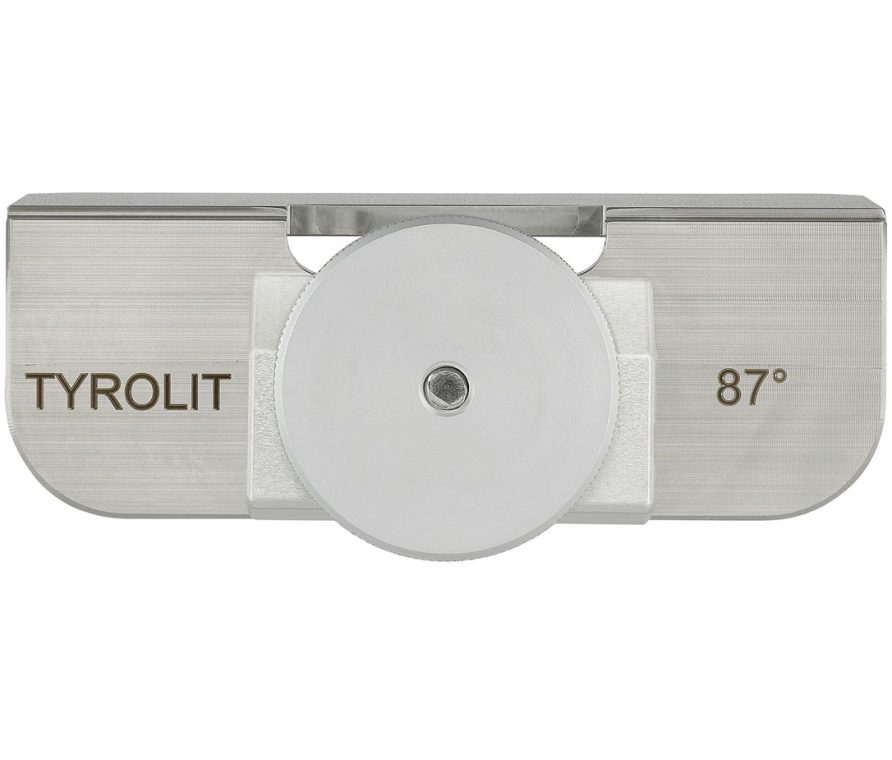 Metallwinkel mit der Aufschrift "TYROLIT" und "87°", sowie einem runden, mittig platzierten Drehknopf.