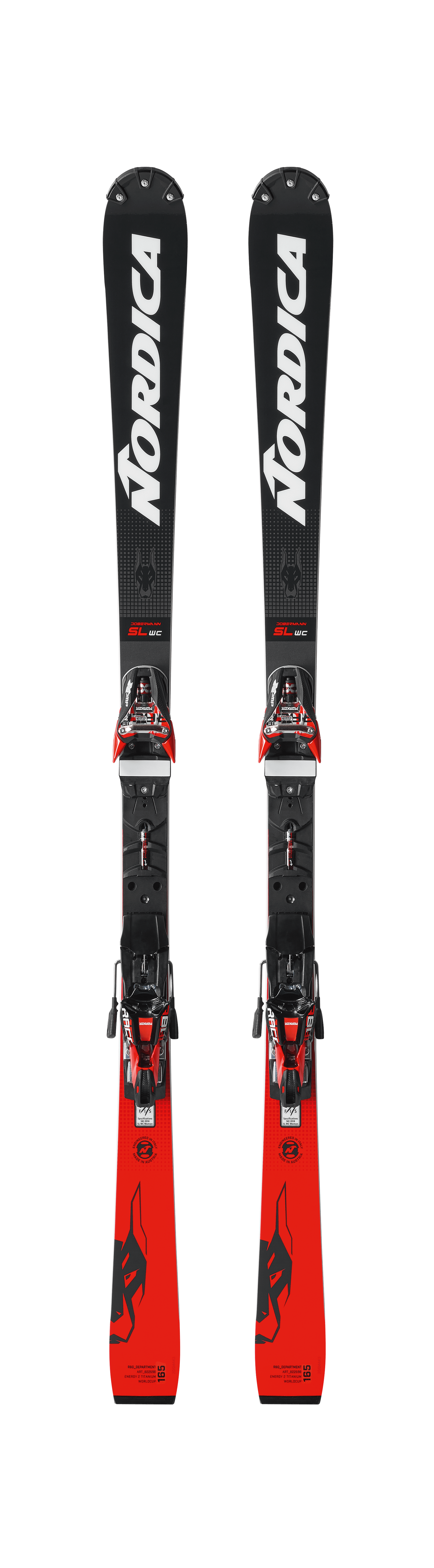 Ski Nordica Dobermann SL WC mit montierter Bindung von vorn. Das Design ist schwarz, weiß und rot.