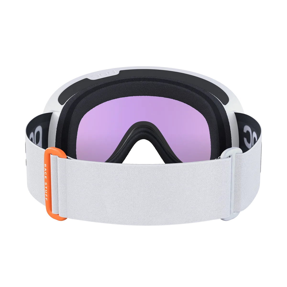 White POC Retina Race ski goggles with purple Clarity lens from the front.