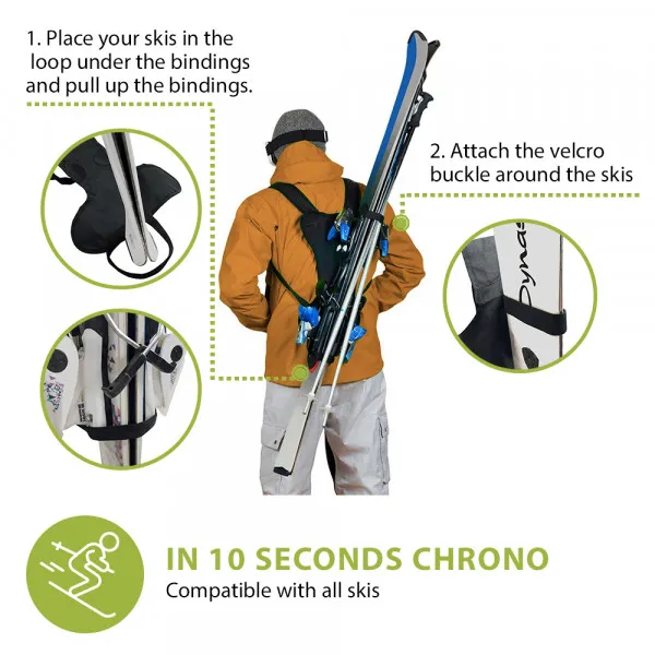 Le graphique montre comment les skis sont fixés dans des boucles avec le système de portage dorsal Skiback Cordura Light et maintenus en place par du Velcro.
