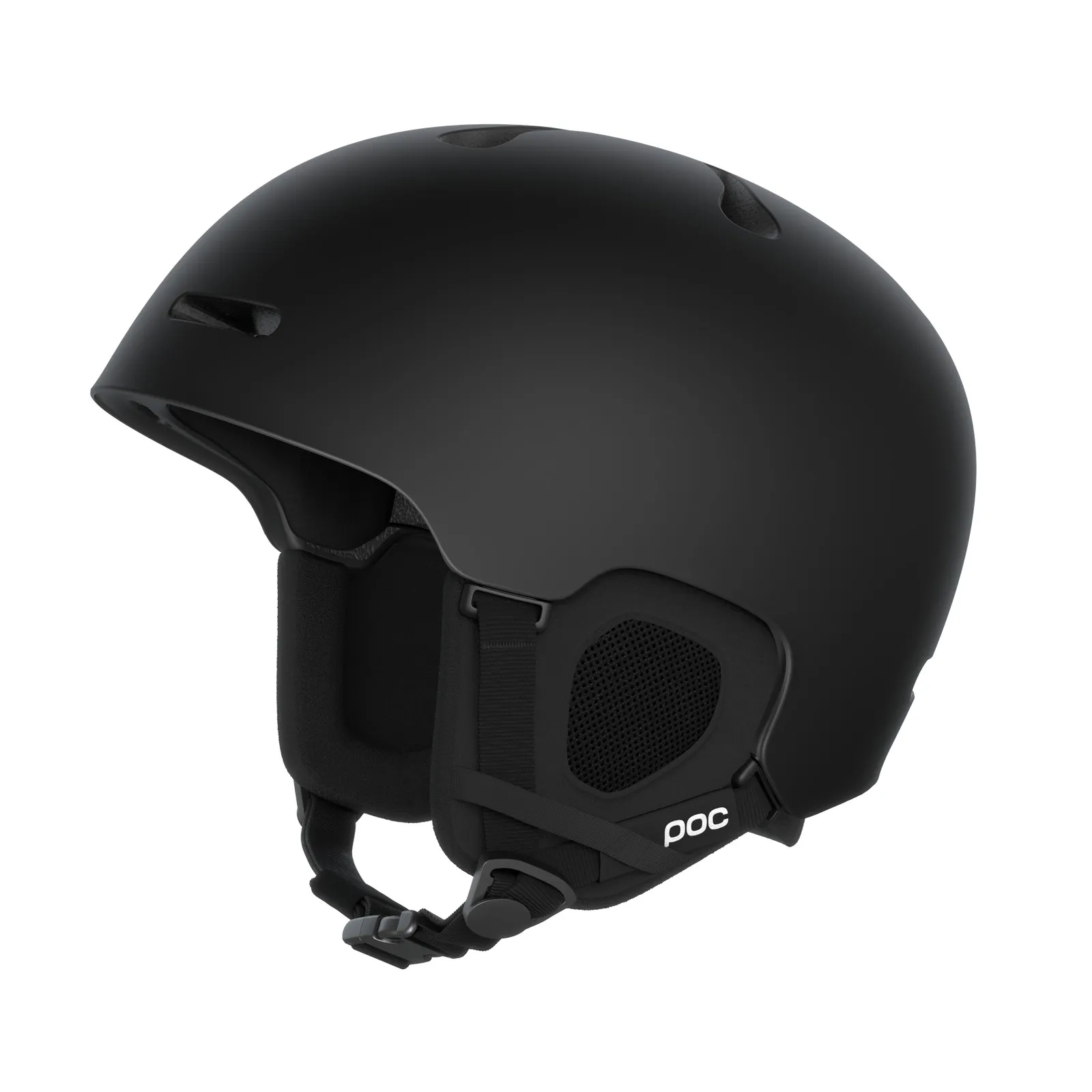 Black POC Fornix ski helmet in matt look, side view, chin strap visible.