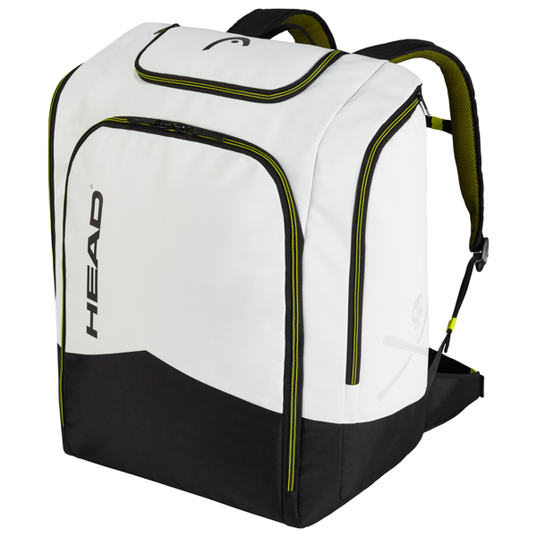 Weißer Head Rebels Racing Backpack 90L mit schwarzen Details und gelben Akzenten, von der Seite.