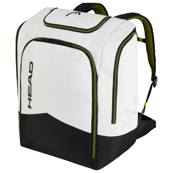 Sac à dos Head Rebels Racing 90L blanc avec détails noirs et accents jaunes, vu de côté.