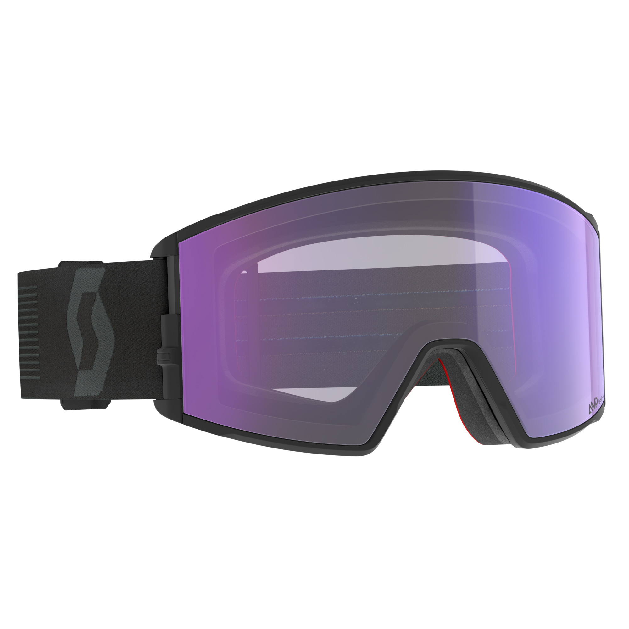Lunettes de ski noires avec verre violet et bandeau réglable rembourré, en prise de vue studio sur fond blanc.