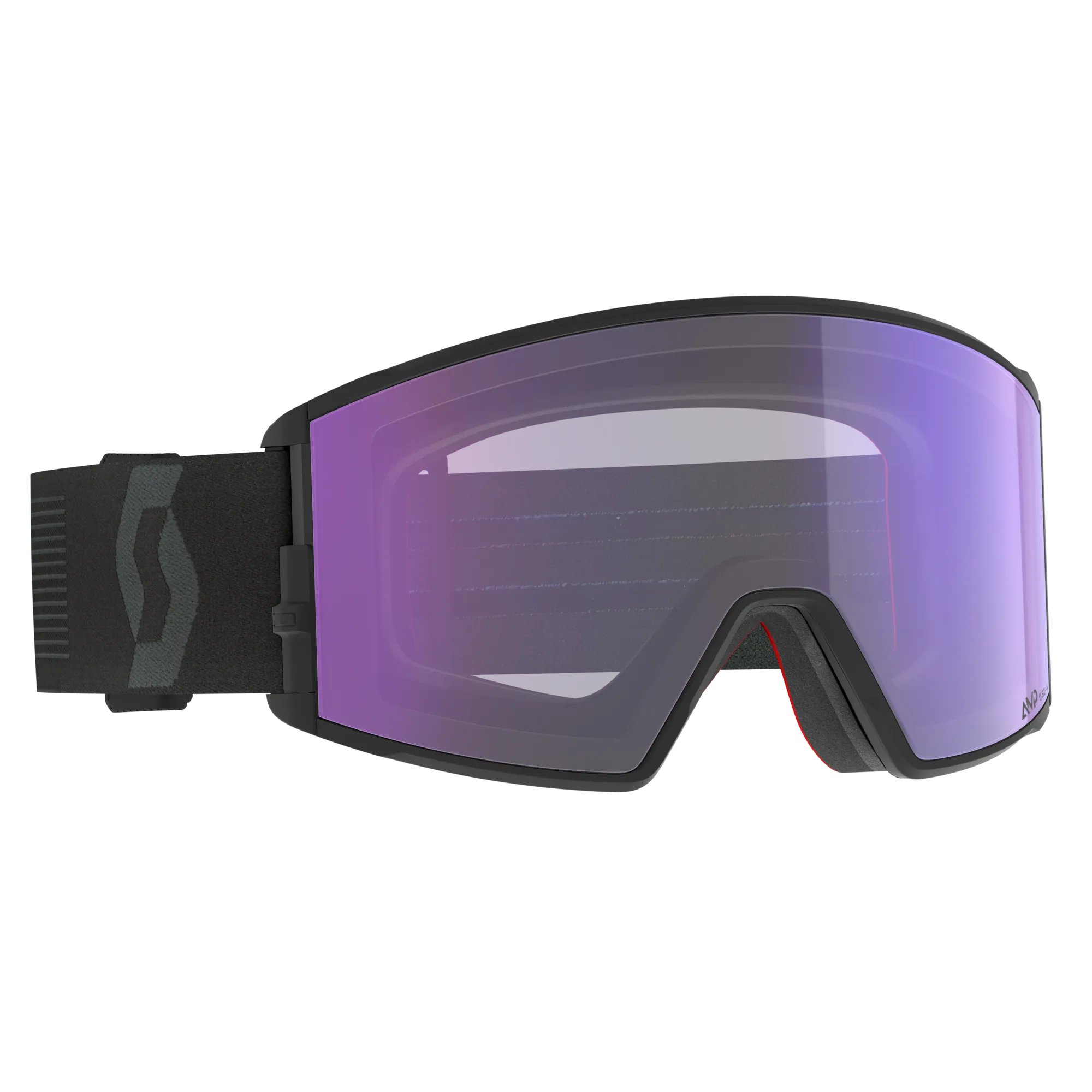 Schwarze Skibrille mit lila Glas und gepolstertem, verstellbaren Band, in Studioaufnahme vor einem weißen Hintergrund.