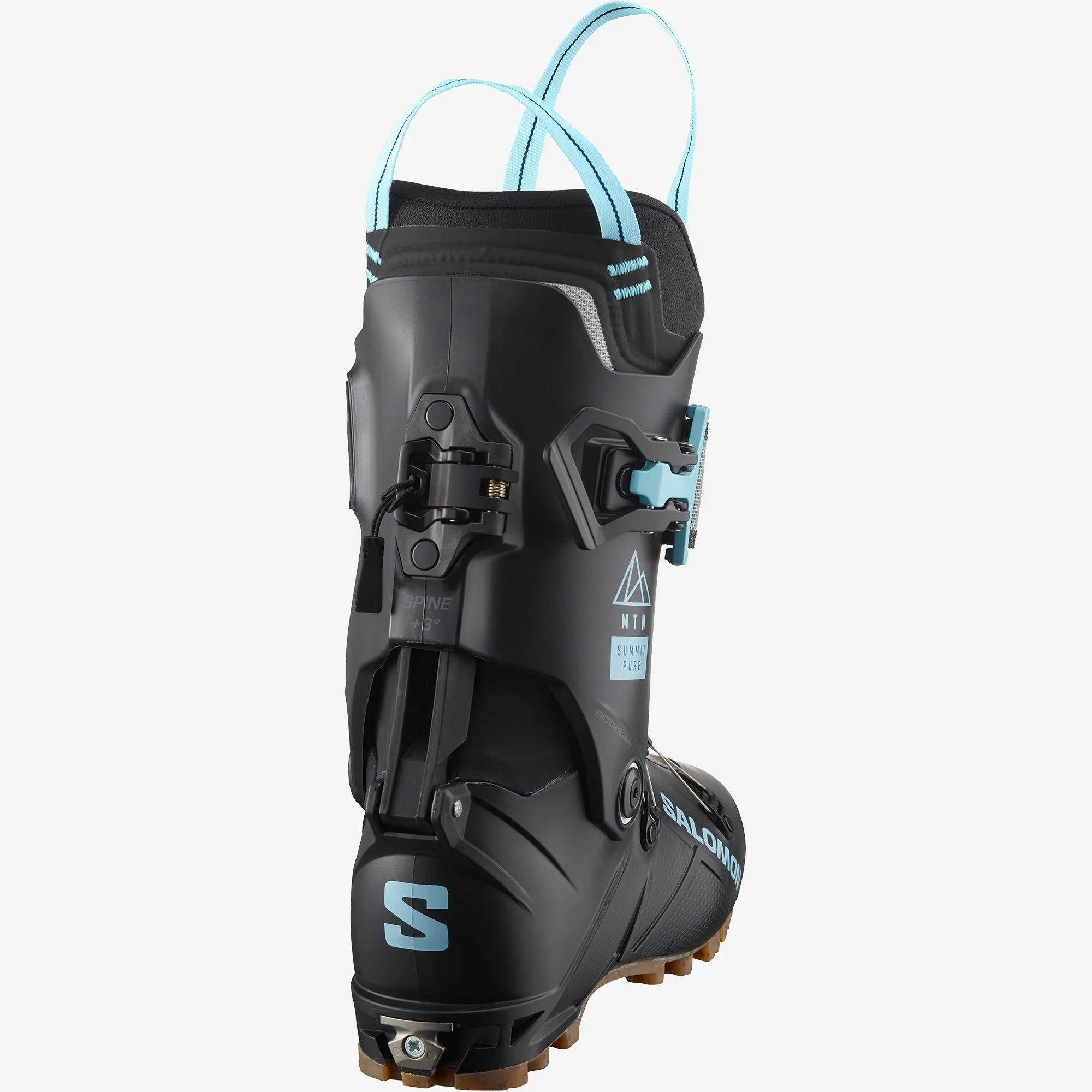 Chaussure de ski de randonnée noire Salomon MTN Summit Pure W vue de derrière, détails en bleu clair.