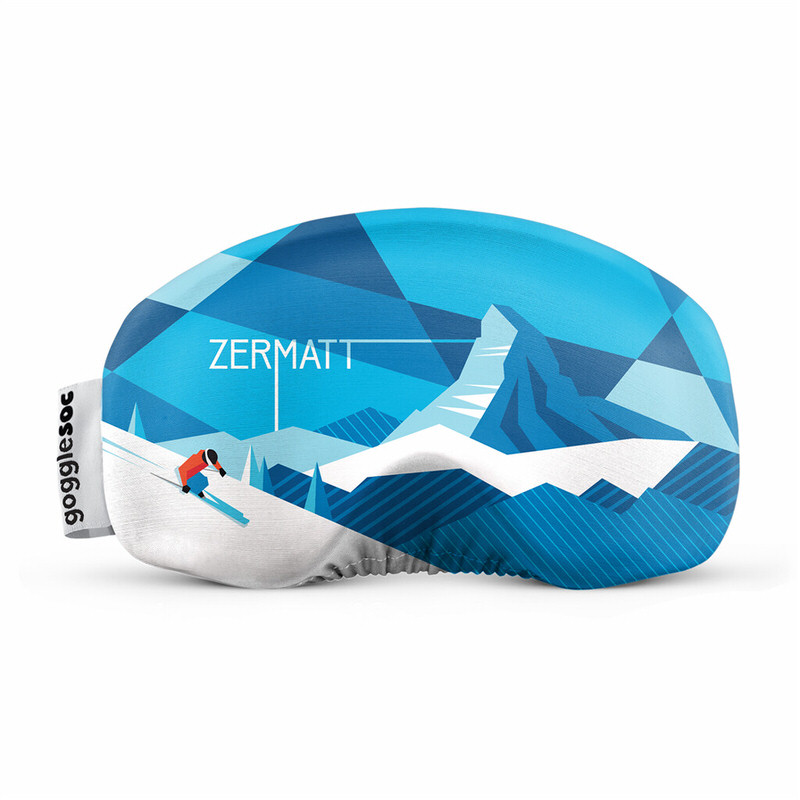 Blaue Skibrillen-Schutzhülle mit Zermatt-Bergmotiv und Skifahrer.