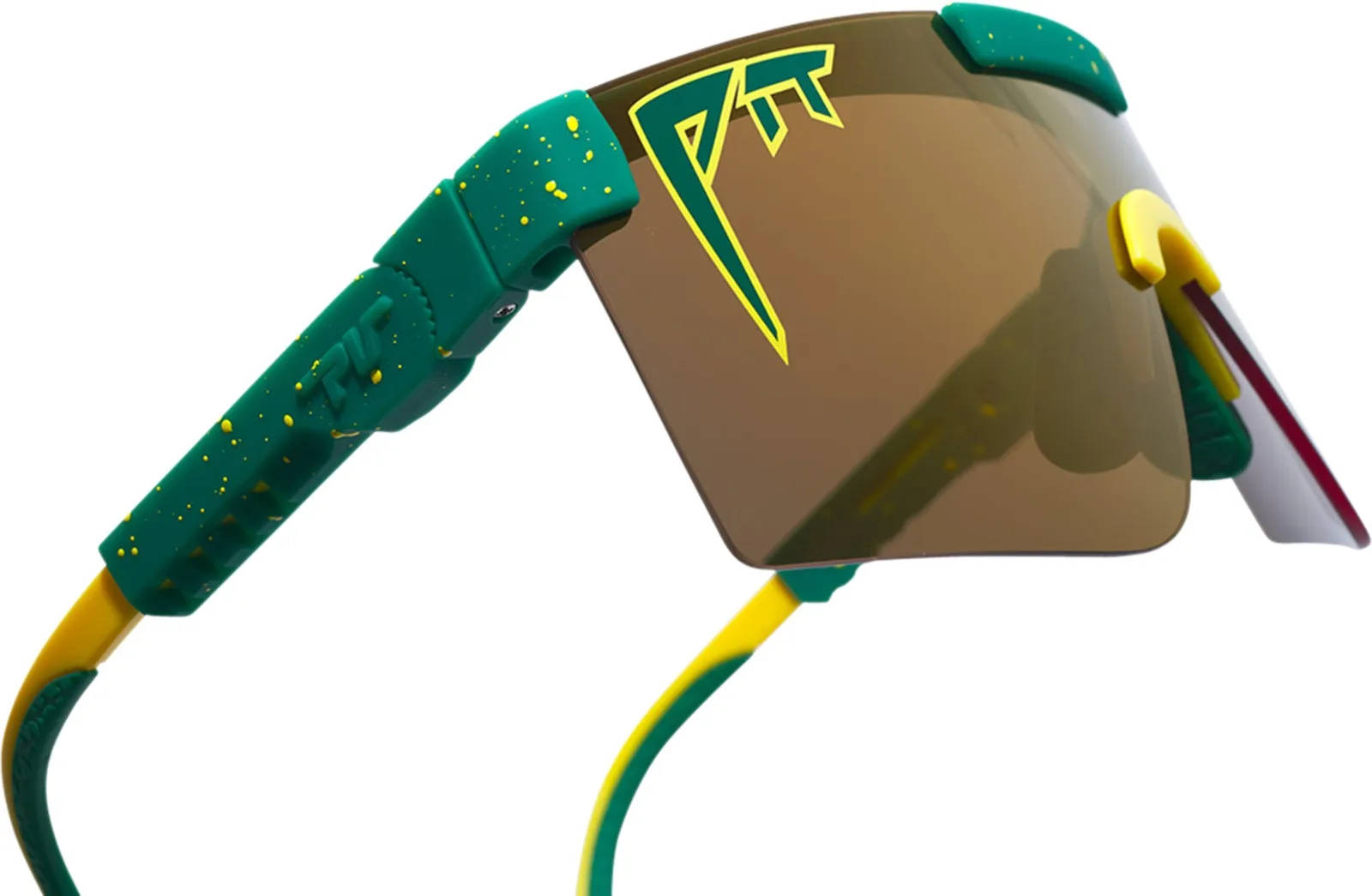 Green and gold polarized Pit Viper sunglasses with yellow logo and details.