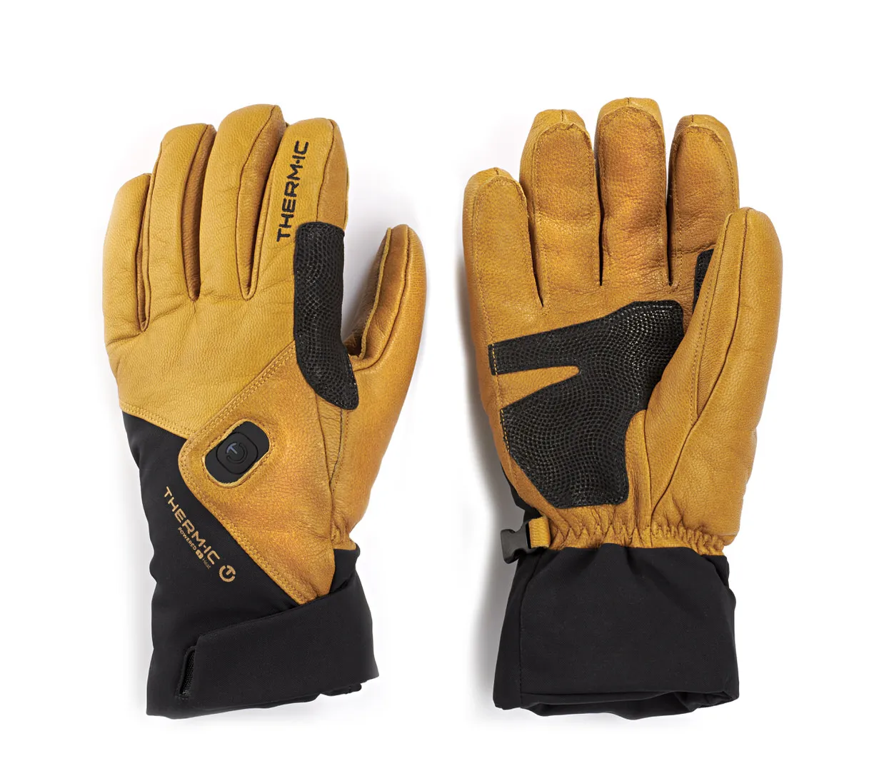 Zwei braune Therm-ic Freeride Ultra Heat Handschuhe mit schwarzer Manschette liegen nebeneinander.