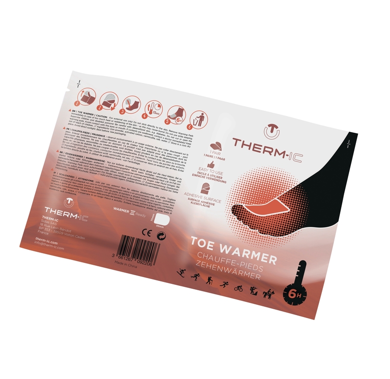 Toe Warmers Verpackung Verpackung der Toe Warmers mit Fuss-Grafik, die die Positionierung des Zehenwärmers auf dem Fuss zeigt.